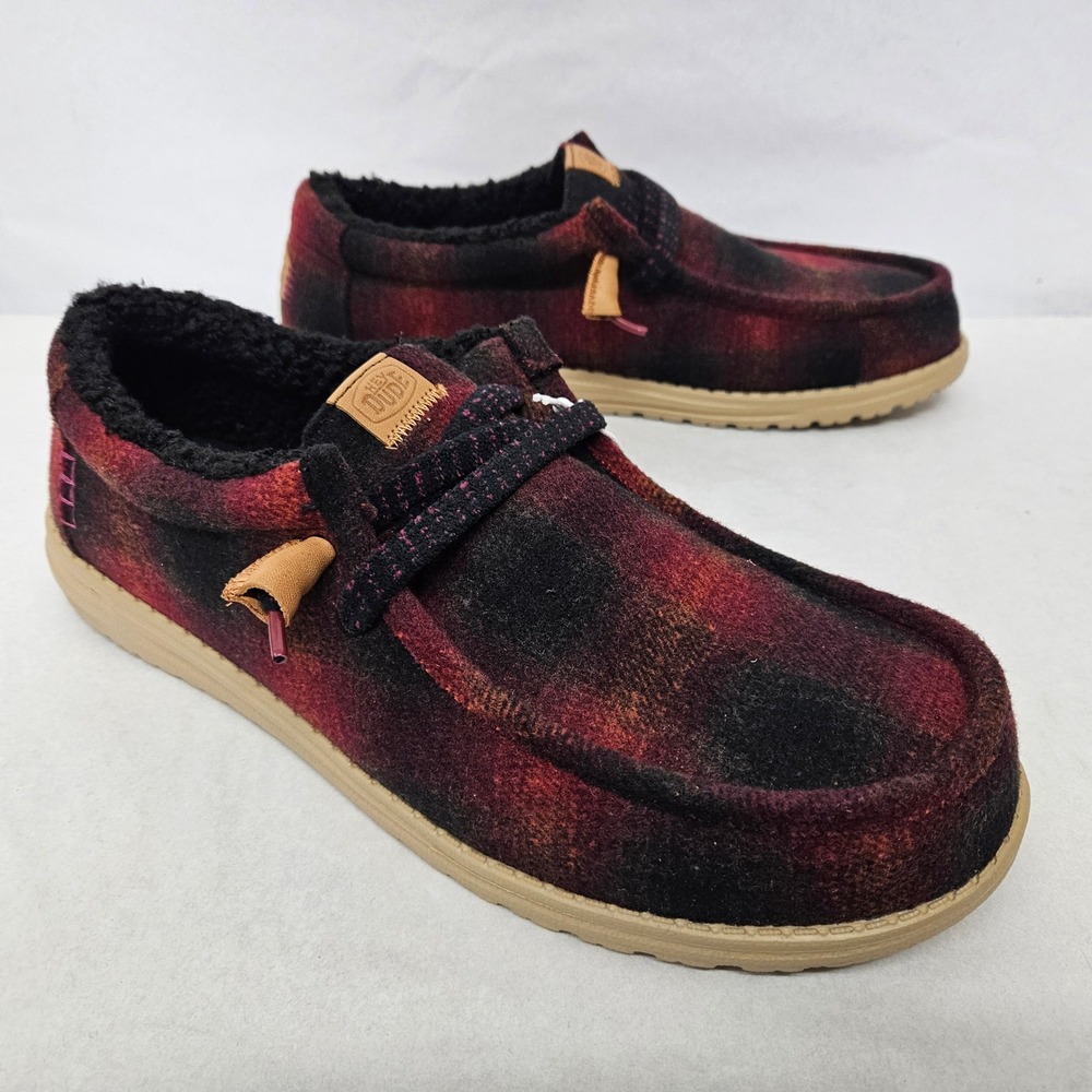 Hey Dude Wally Cozy Plaid Loafers Lined 44341-6RQ Red Black Mens Size 14
